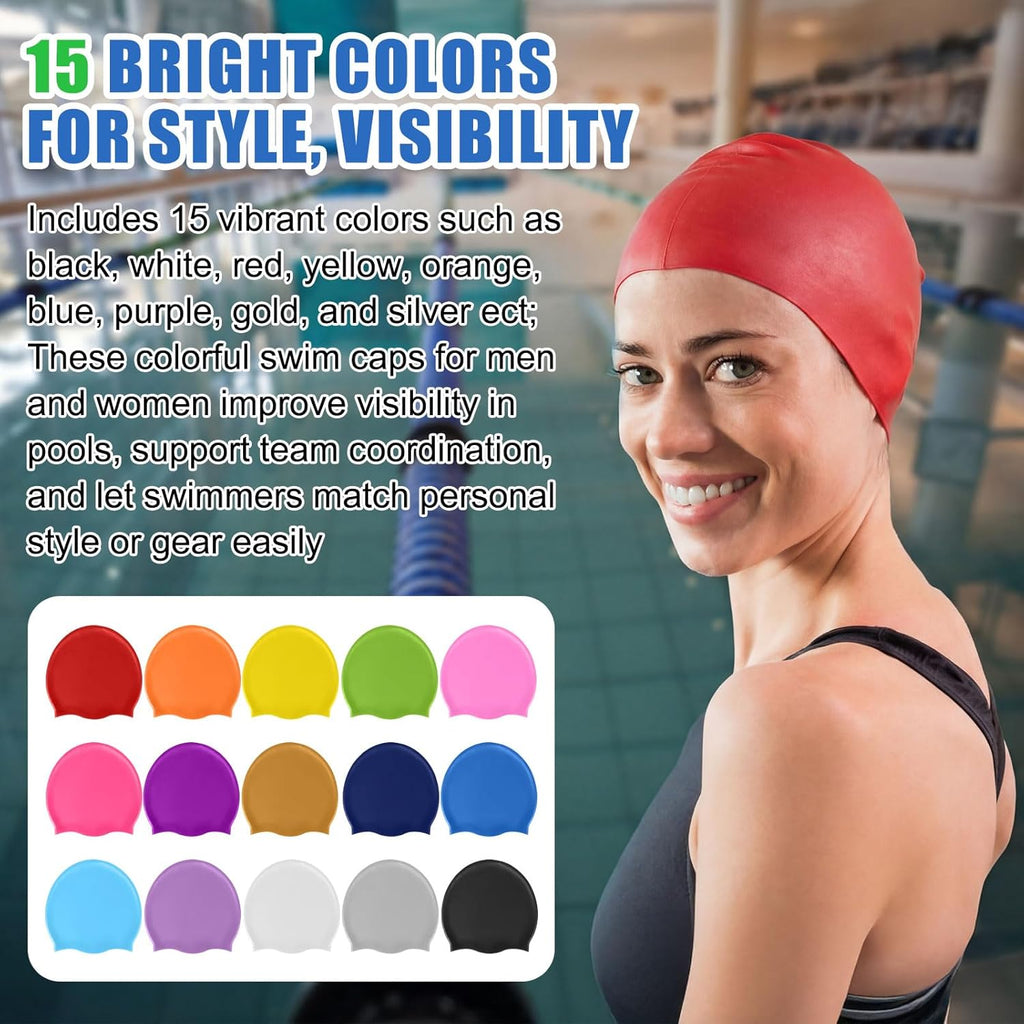 15 Pcs Unisex Adult Silicone Swim Cap Waterproof Swimming Cap Bulk for Women Men Adult Non Slip Pool Hat Elastic Silicone Caps Water Resistant Layer for Long Short Hair