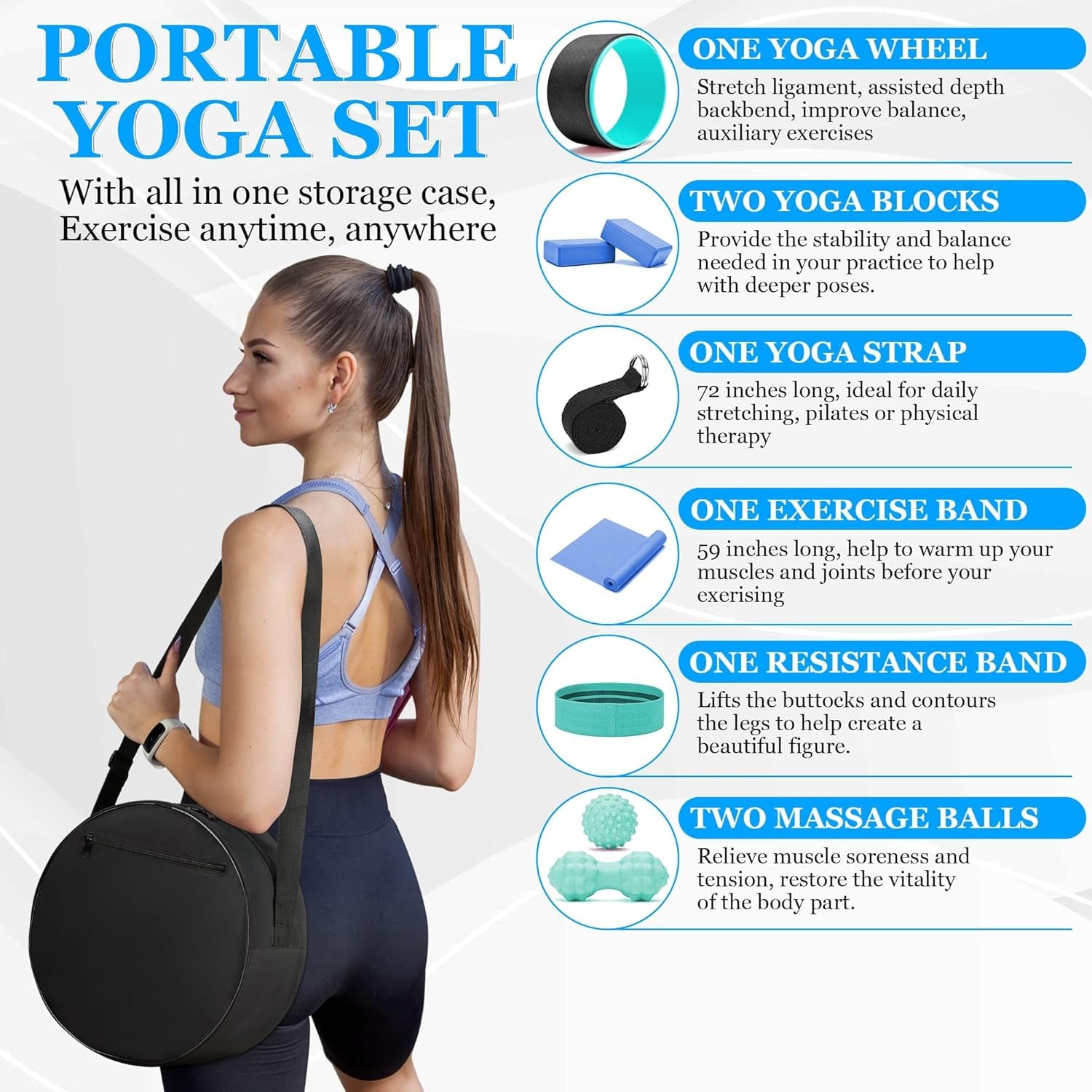All in One Yoga Wheel Set, Soft Foam Roller Wheel for Back Pain & Stretching, Yoga Blocks 2 Pack with Strap, Trigger Point Therapy Massage Ball for Deep Tissue, Yoga Starter Kit for Beginner