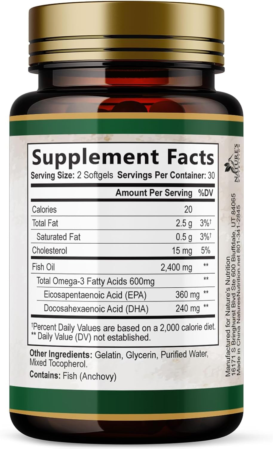 Omega 3 Fish Oil Supplements - 2400Mg Fish Oil per Serving - Triple Strength Omega-3 with EPA & DHA Fatty Acids - Natural Heart, Brain & Immune Support - Wild Caught, Bottled in USA - 60 Softgels
