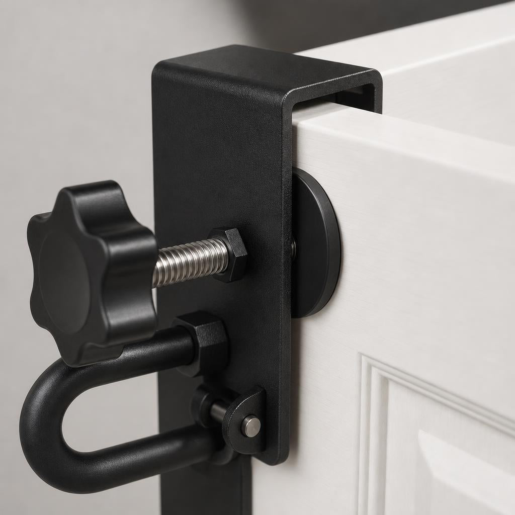 Close-up of the PrimeBuild Door Anchor Pulley black clamp with star knob and loop hook mounted on the top edge of a door