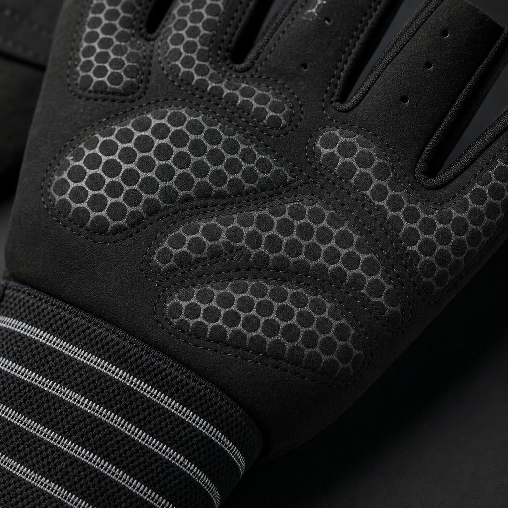 Close-up of a black PrimeBuild Workout Glove palm with silicone dot grip and striped elastic wrist wrap