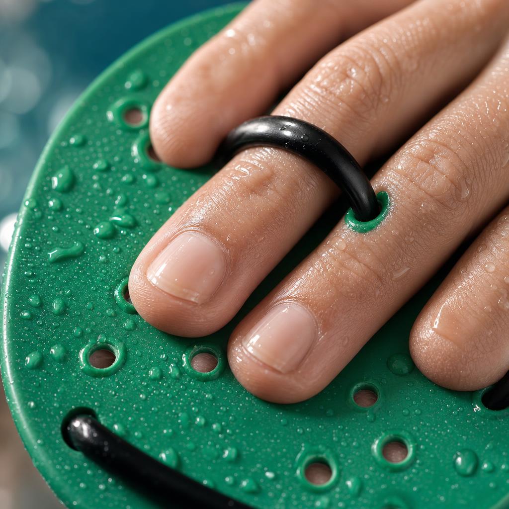 Close-up of a PrimeBuild Swim Training Hand Paddle with black finger strap and perforated green surface on a wet hand