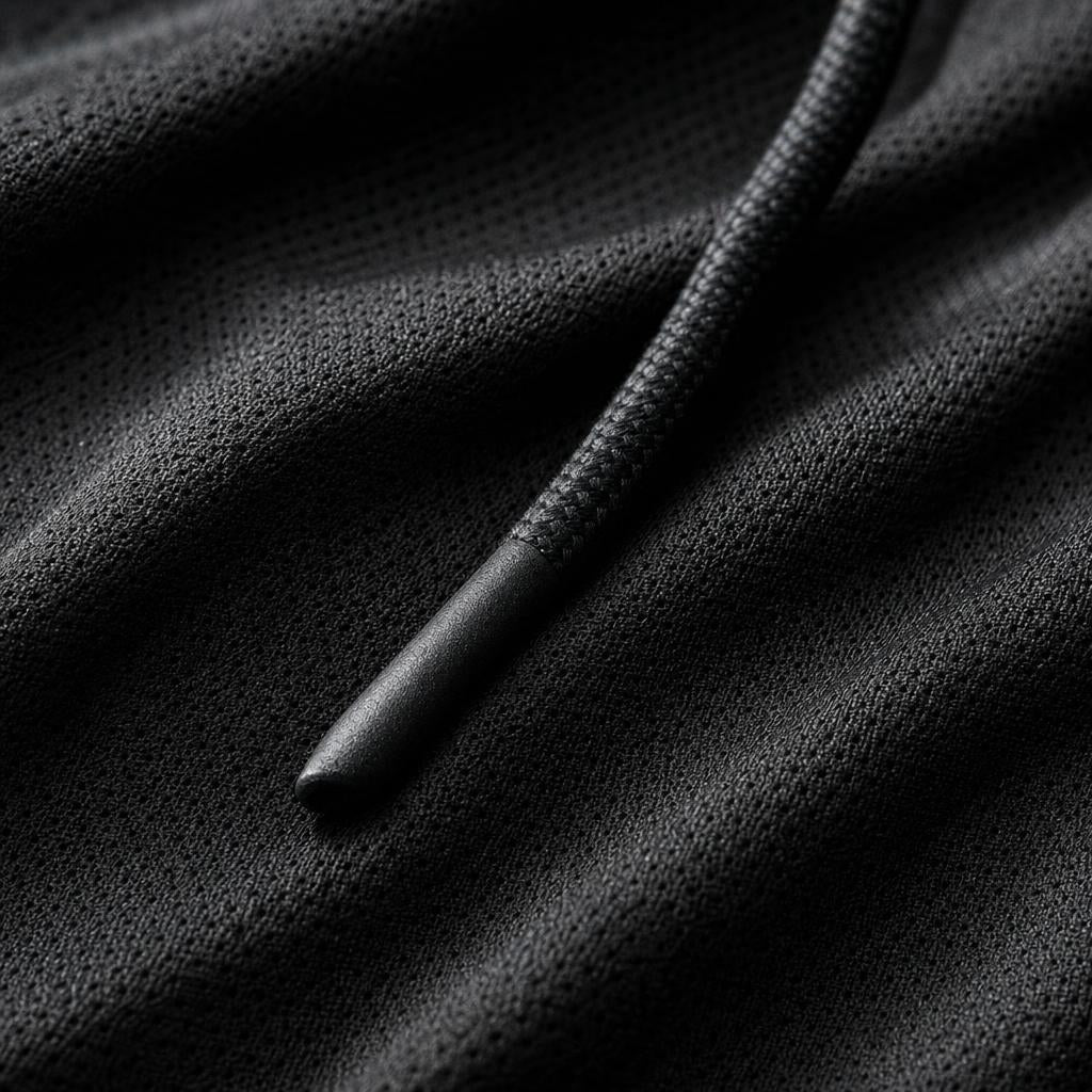 Close-up of the black textured knit fabric and drawstring cord tip on the PrimeBuild Hooded Training Shirt