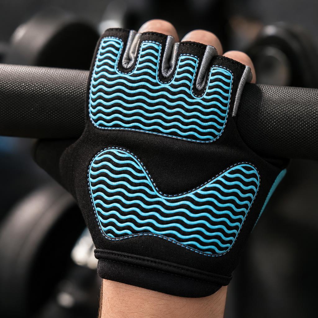 Close-up of a hand in a PrimeBuild Women's Workout Glove gripping a barbell, showing light blue wavy silicone grip stripes