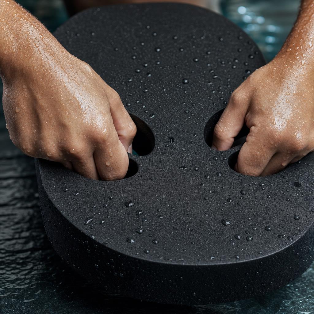Close-up of wet hands gripping the hand holes of a black PrimeBuild swim kickboard, water drops on the foam