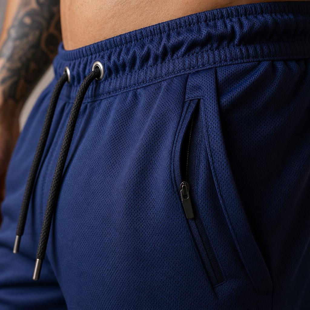 PrimeBuild Men's 7" Running Shorts close-up of the navy fabric, zippered side pocket, elastic waistband and black drawstring