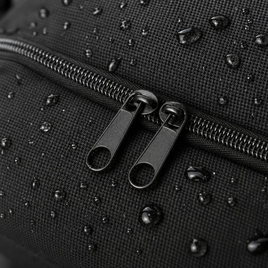 Close-up of the PrimeBuild Yoga Mat Carry Bag zipper with double pulls on black fabric with water droplets