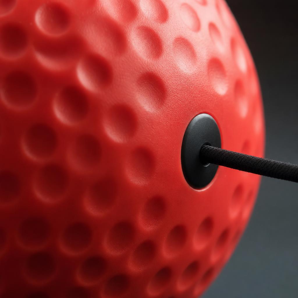 PrimeBuild Boxing Reflex Ball close-up showing the red dimpled surface and where the black elastic cord attaches