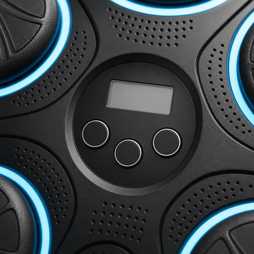 PrimeBuild Smart Music Boxing Trainer close-up of the center digital display, three buttons and speaker grilles