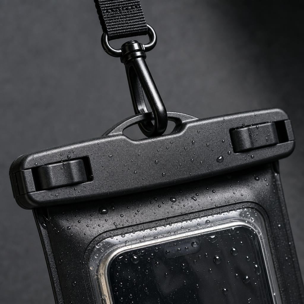 PrimeBuild IPX8 Waterproof Phone Pouch close-up of the double slide-lock top seal and swivel clip with water droplets