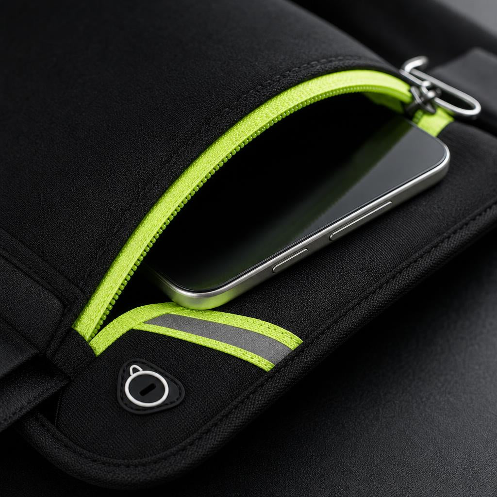 Close-up of the PrimeBuild Bounce-Free Running Belt pouch partly unzipped with a phone inside, key clip and earphone hole