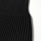 Close-up of the black ribbed stretch knit of the PrimeBuild Seamless Jumpsuit, where a wider-ribbed band meets the finer rib