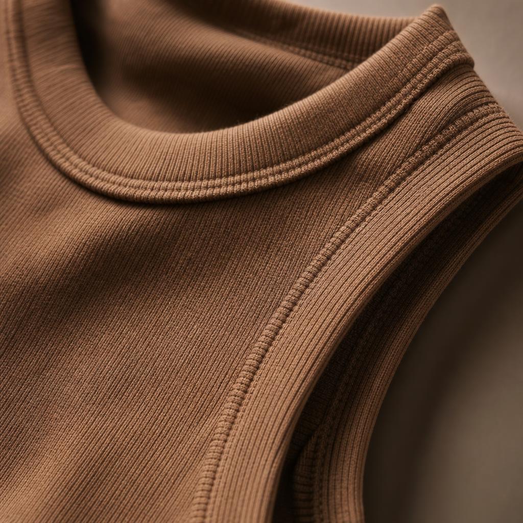 Close-up of the PrimeBuild Women's Ribbed Performance Tank in brown showing the ribbed neckline and armhole trim
