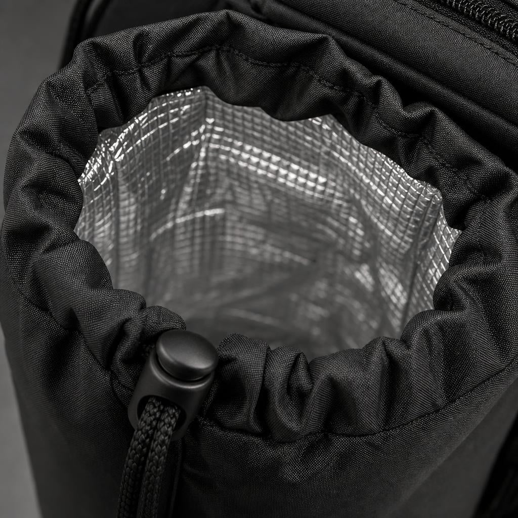 PrimeBuild Insulated Water Bottle Carrier close-up of the open drawstring sleeve with silver foil lining and cord lock