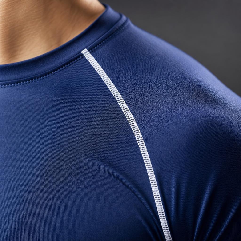 Close-up of the PrimeBuild compression shirt crew neck and white stitched raglan seam on navy fabric