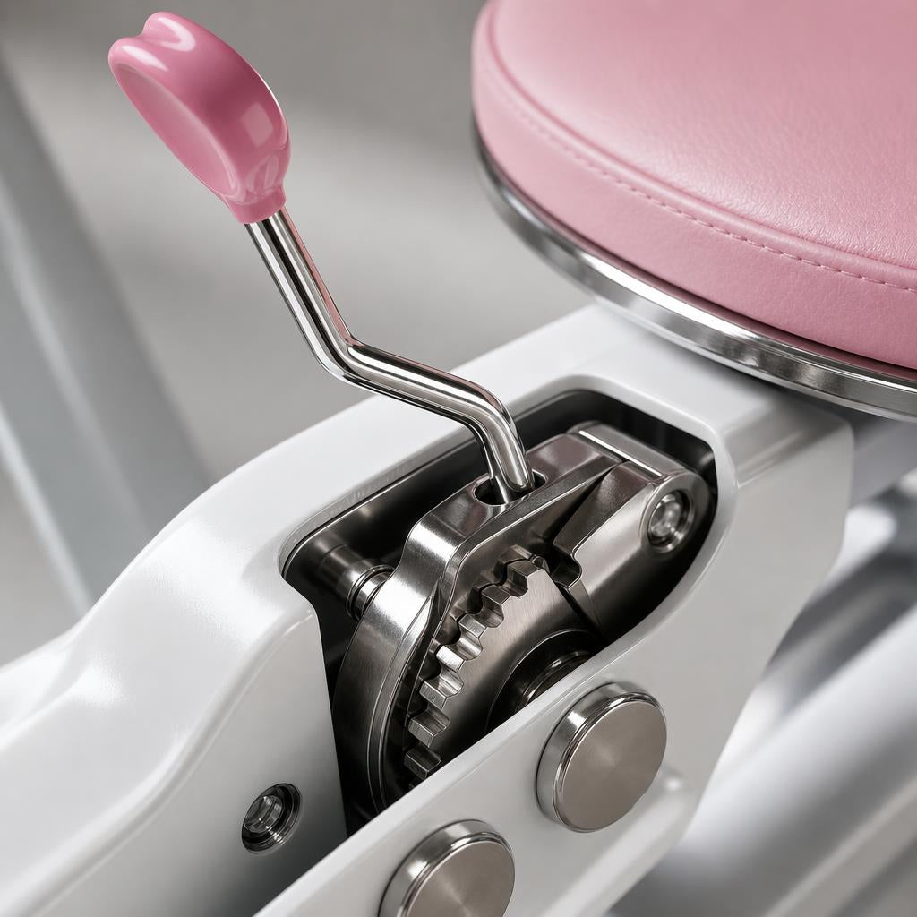 Close-up of the PrimeBuild Split Stretch Machine ratchet gear and pink lever handle under the padded seat