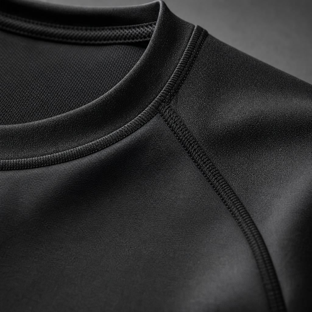 Close-up of the PrimeBuild Men's Long Sleeve Performance Shirt in black showing the crew neck and raglan shoulder seam