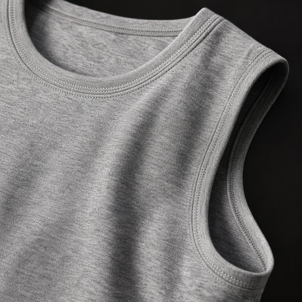 Close-up of the PrimeBuild Men's Stringer Gym Tank in gray showing the stitched crew neckline and armhole edge