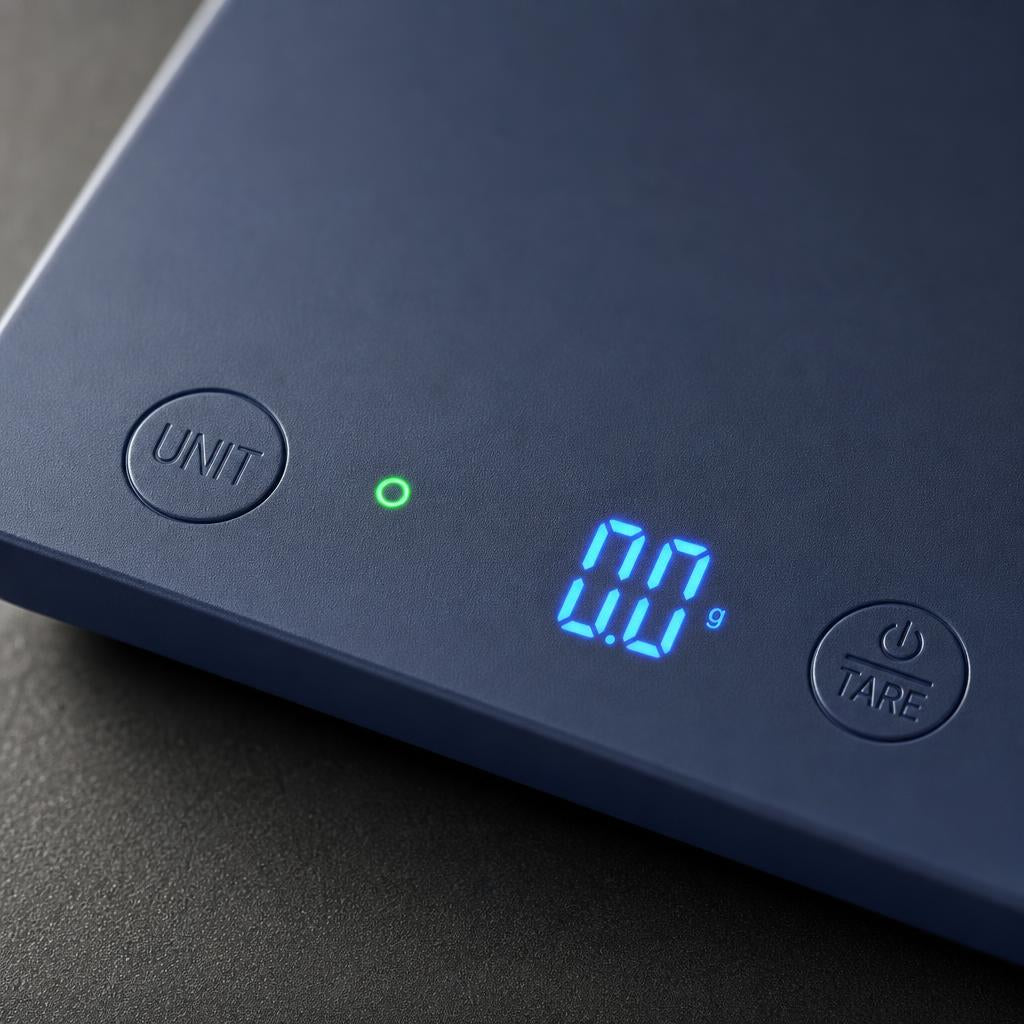 Close-up of PrimeBuild Digital Food Scale UNIT button, green stability light, blue LED digits and TARE button