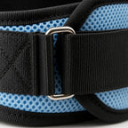 Close-up of the PrimeBuild Weight Lifting Belt silver buckle, black strap and blue mesh fabric with wrapped edges