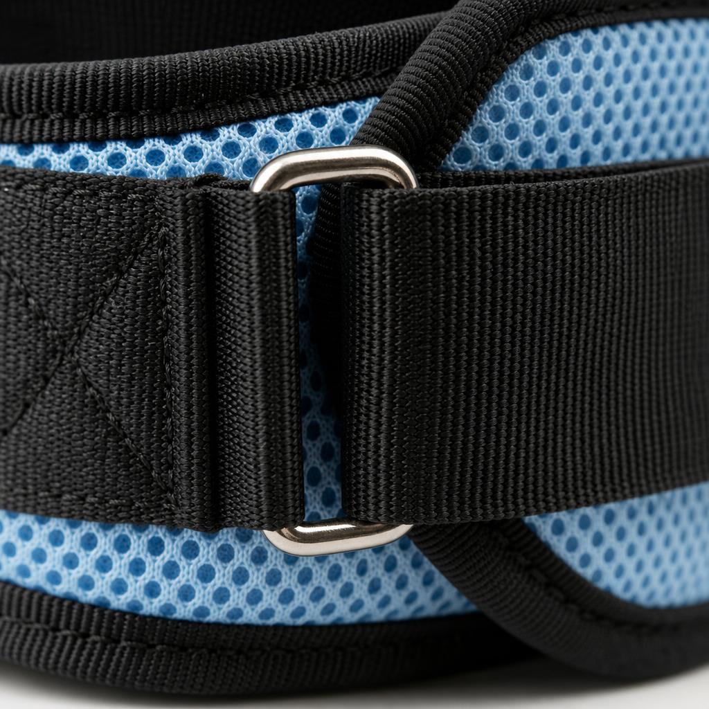 Close-up of the PrimeBuild Weight Lifting Belt silver buckle, black strap and blue mesh fabric with wrapped edges