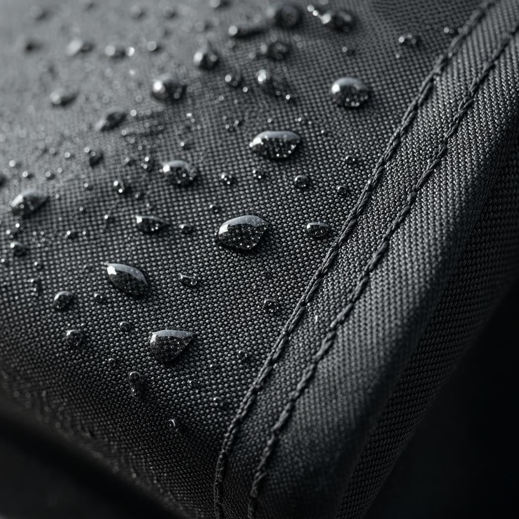 Close-up of the black PrimeBuild bench cover fabric with water droplets beading beside a double-stitched seam