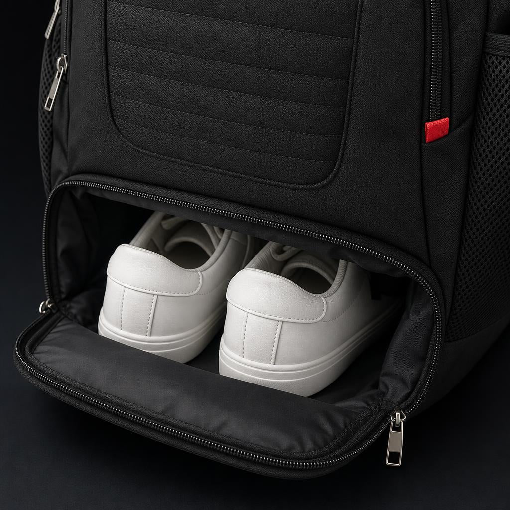 Open bottom shoe compartment of the PrimeBuild Water-Resistant Gym Backpack holding a pair of white sneakers