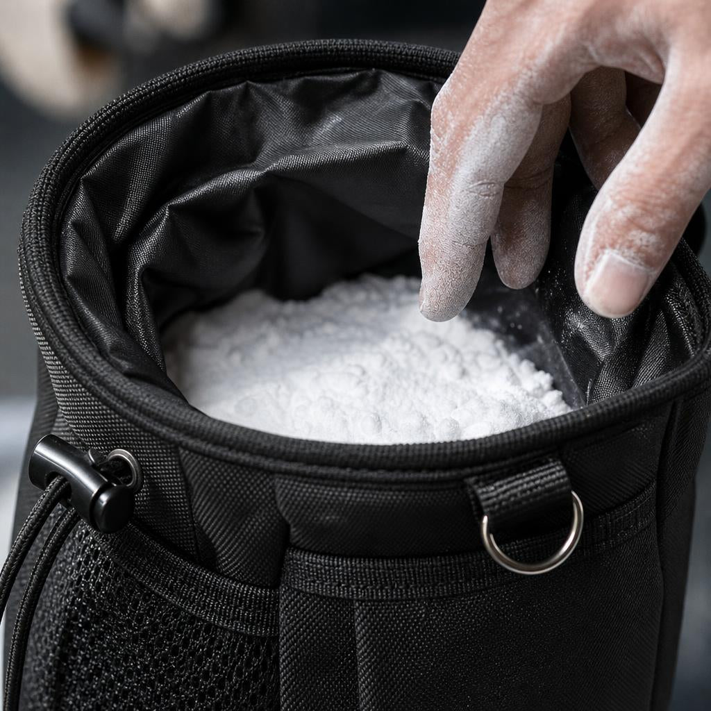 Chalky fingers dipping into the open black PrimeBuild Chalk Bag full of chalk, with its inner lining, cord lock and D-ring