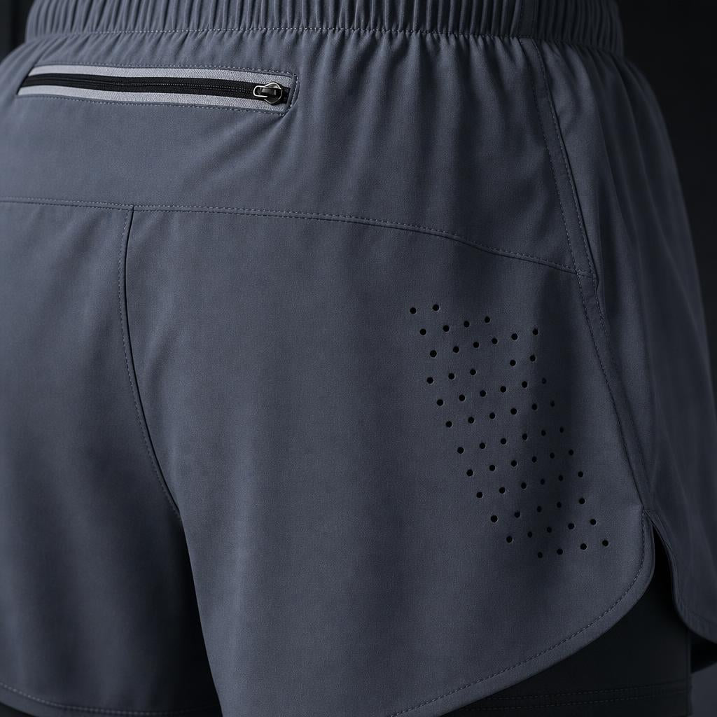 Close-up of PrimeBuild Men's 2-in-1 Training Shorts in gray: zippered back pocket, laser-cut vent holes and split hem