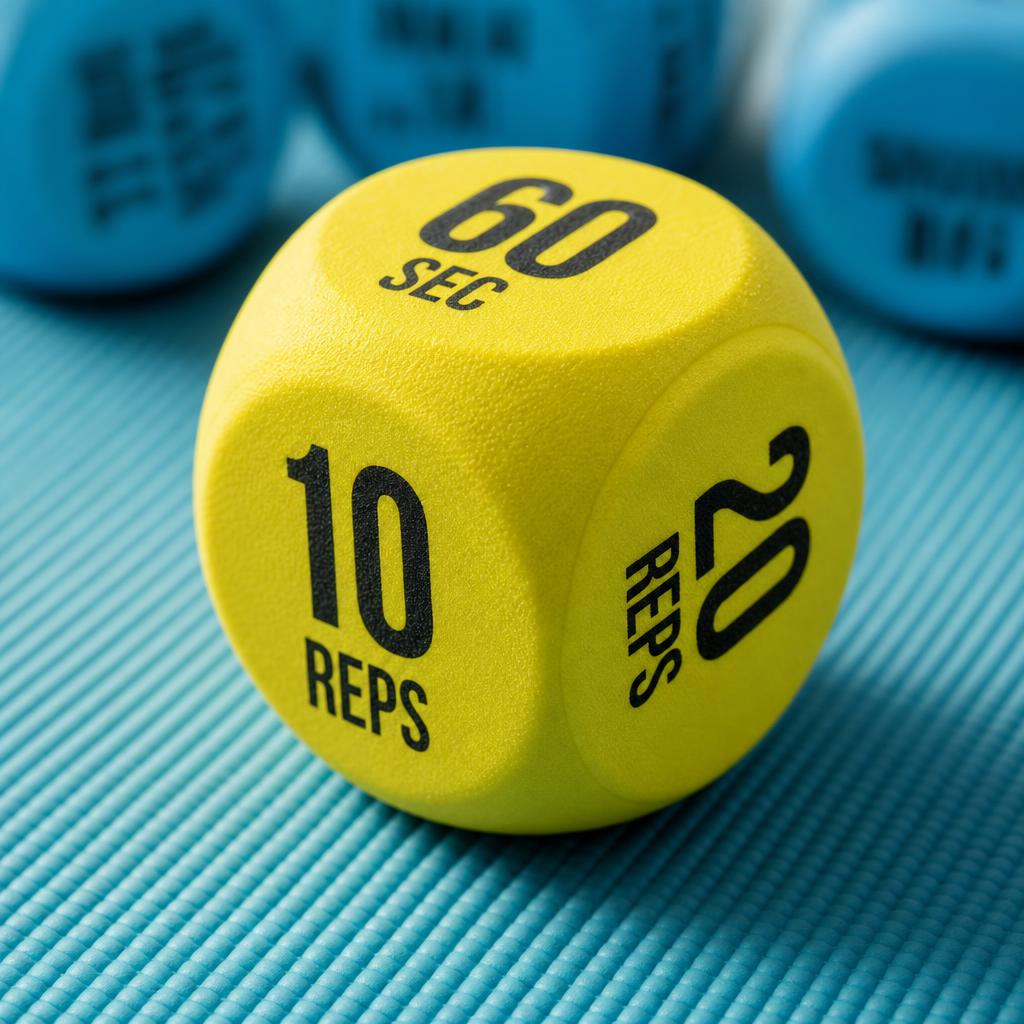 Close-up of the yellow PrimeBuild reps/time die showing 10 REPS, 20 REPS and 60 SEC on a teal mat, blue dice blurred behind