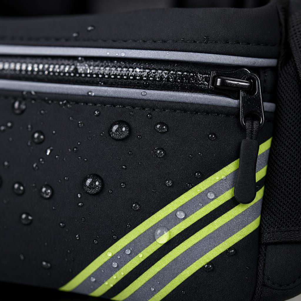 Close-up of the PrimeBuild Hydration Running Belt zipper and reflective stripes with water droplets on the black fabric