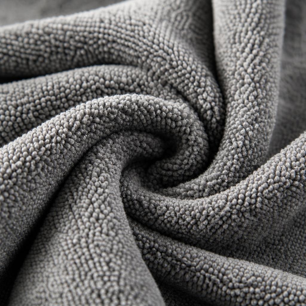 Close-up of the textured surface of a swirled grey PrimeBuild microfiber gym towel