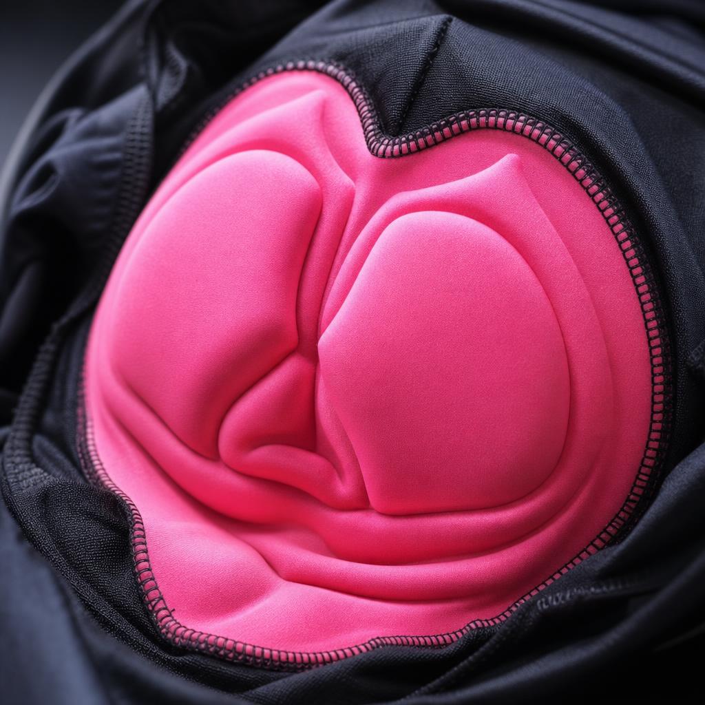 Close-up of the contoured pink 3D gel chamois pad inside PrimeBuild Women's Padded Cycling Shorts