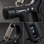 Close-up of the PrimeBuild adjustable hand gripper: 5-60 kg resistance knob, steel spring and rep counter with reset button