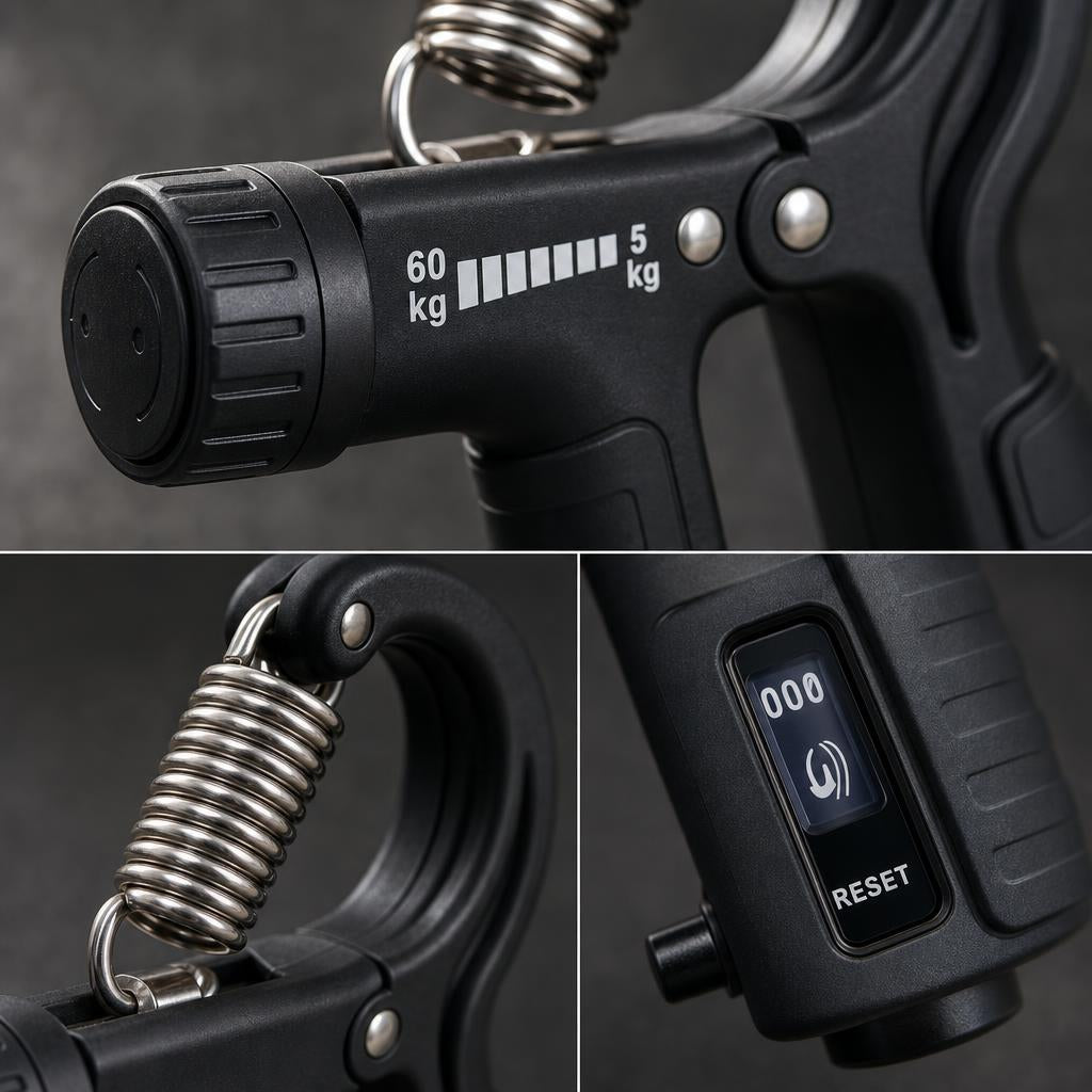 Close-up of the PrimeBuild adjustable hand gripper: 5-60 kg resistance knob, steel spring and rep counter with reset button