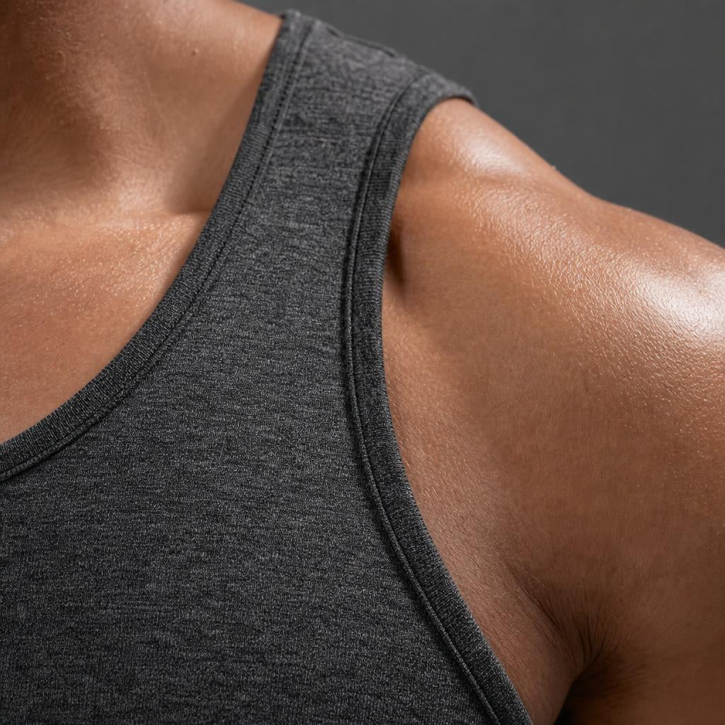 Close-up of the PrimeBuild Men's Quick-Dry Training Tank scoop neckline and shoulder strap in dark heathered knit