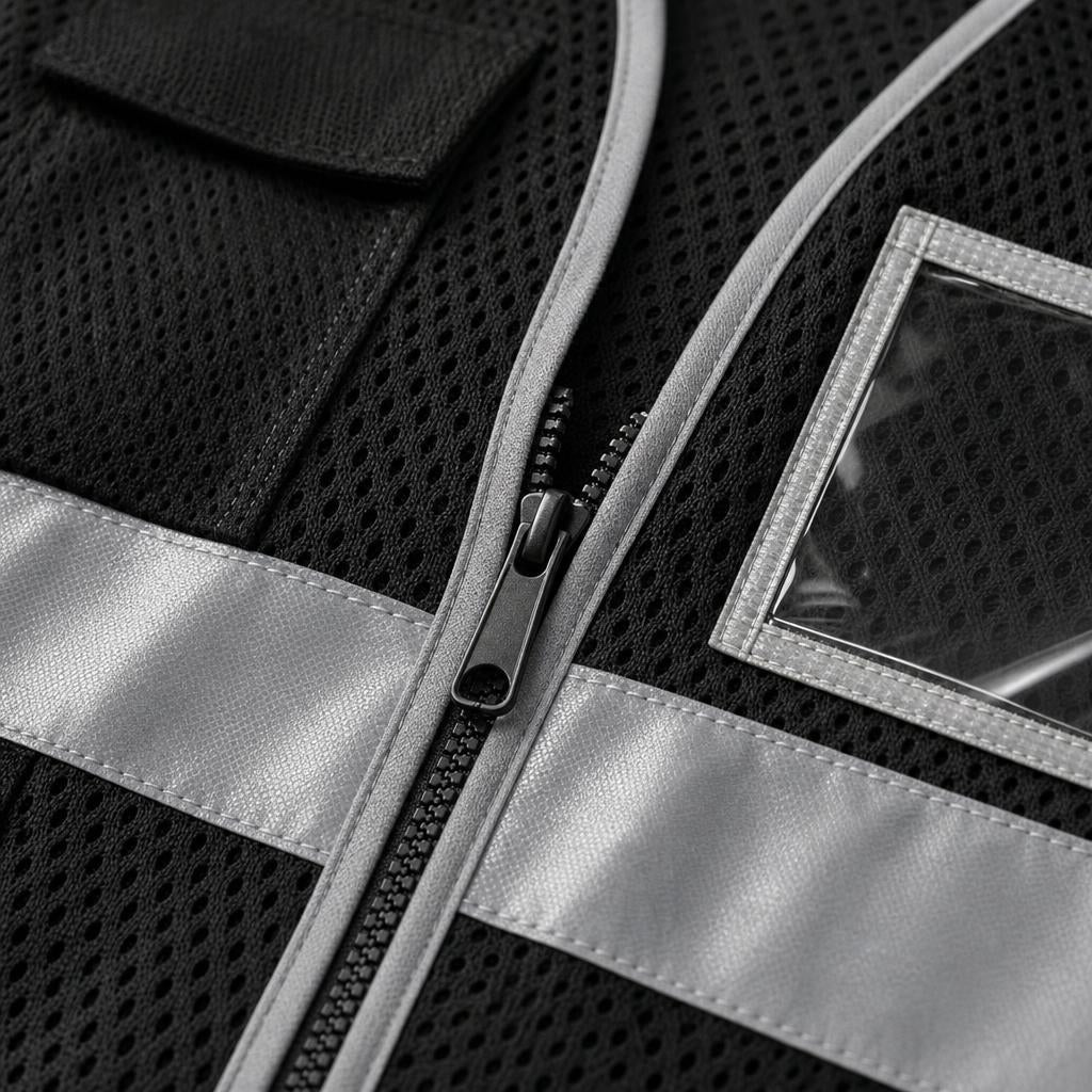 Close-up of PrimeBuild safety vest: black open mesh, front zipper, grey edge binding, reflective tape, clear ID badge holder