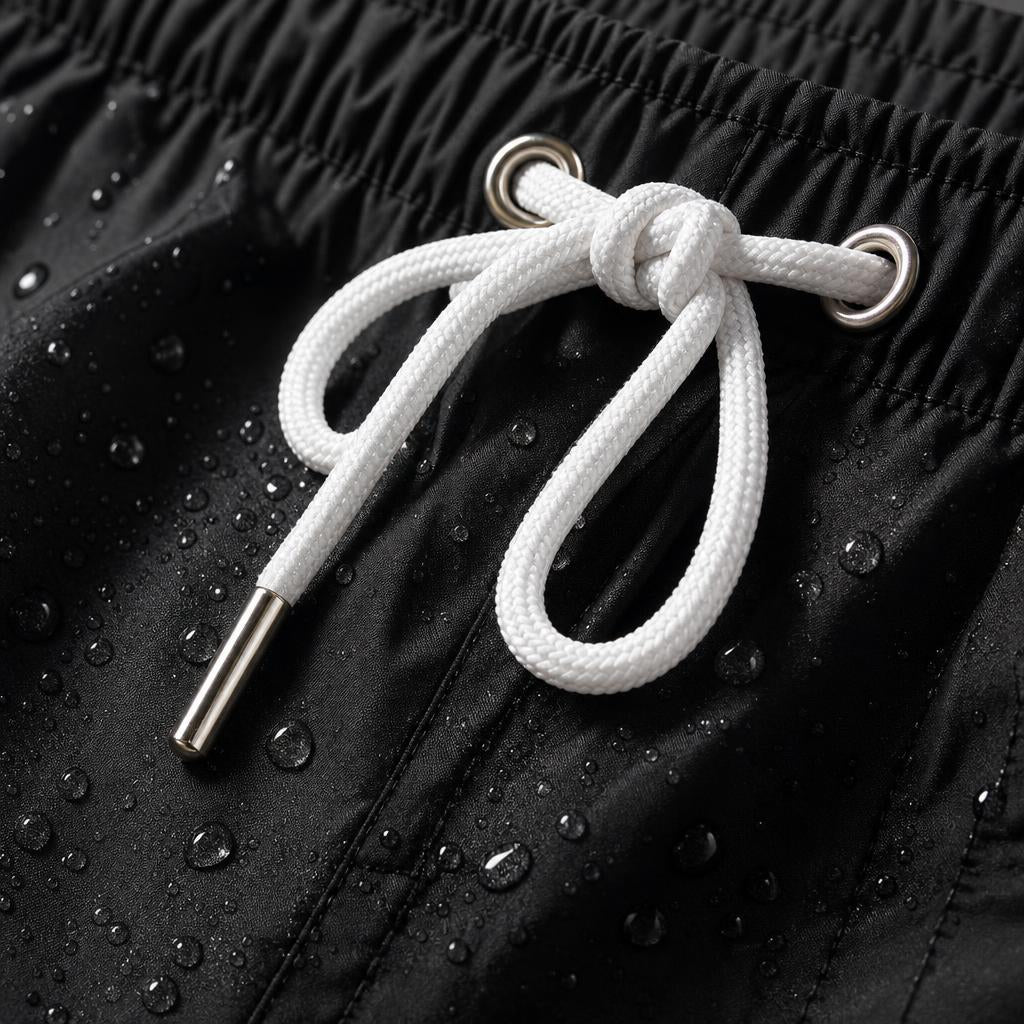 Close-up of PrimeBuild black swim trunks waistband: white drawcord, metal eyelets and water drops on the fabric