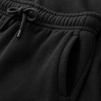 Close-up of PrimeBuild Men's Performance Fleece Joggers in black: elastic waistband, drawstring and side pocket