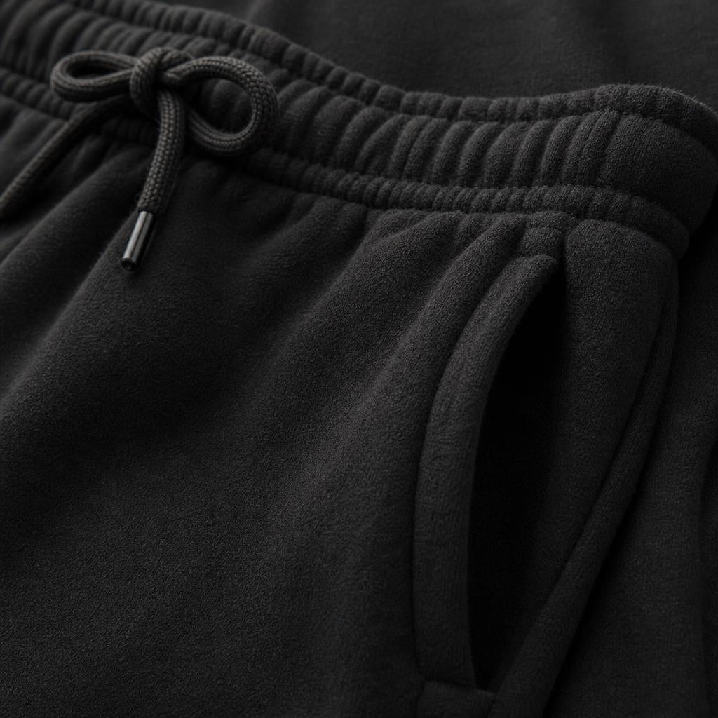 Close-up of PrimeBuild Men's Performance Fleece Joggers in black: elastic waistband, drawstring and side pocket