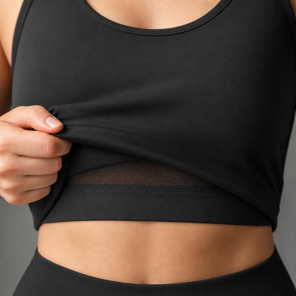 PrimeBuild Women's Tank Sports Bra close-up, outer layer lifted to show the built-in inner bra and underband