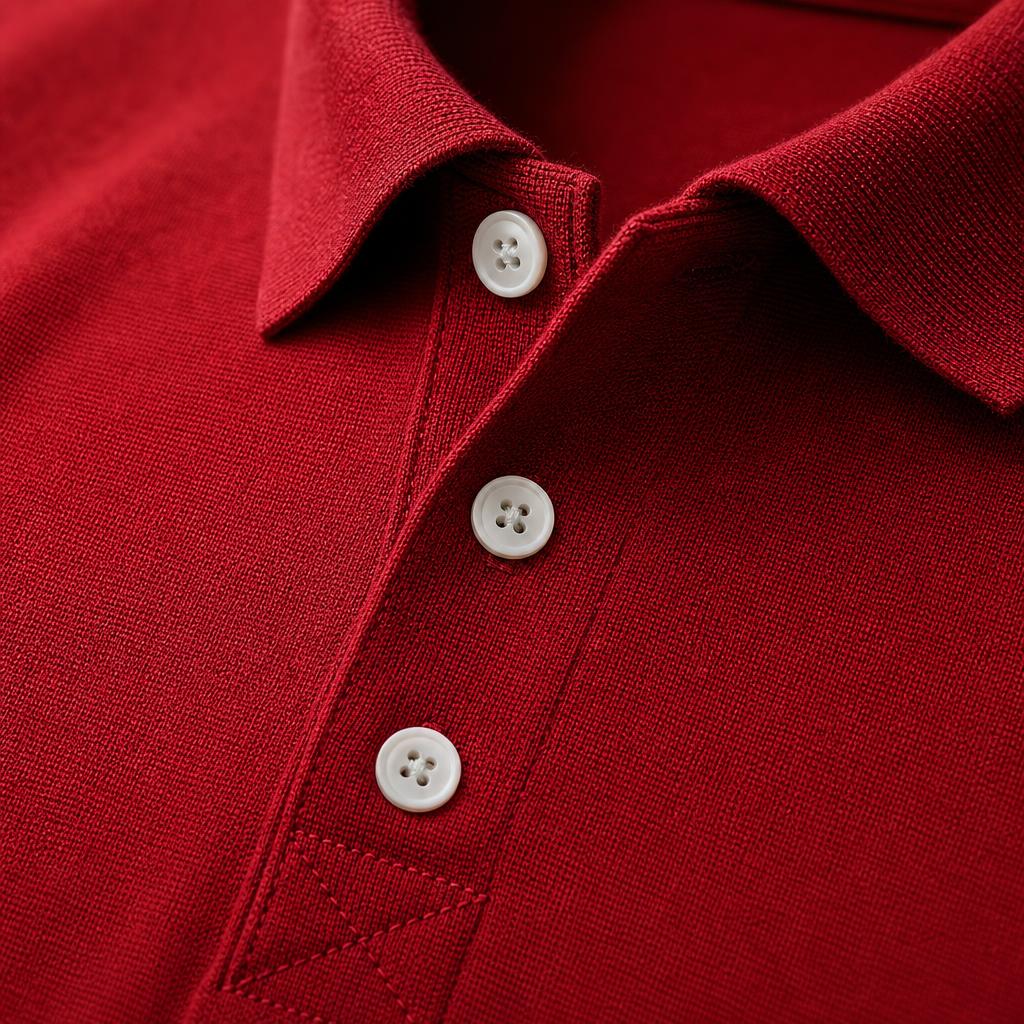 Close-up of the PrimeBuild Men's Performance Polo in deep red showing the knit collar and three white buttons
