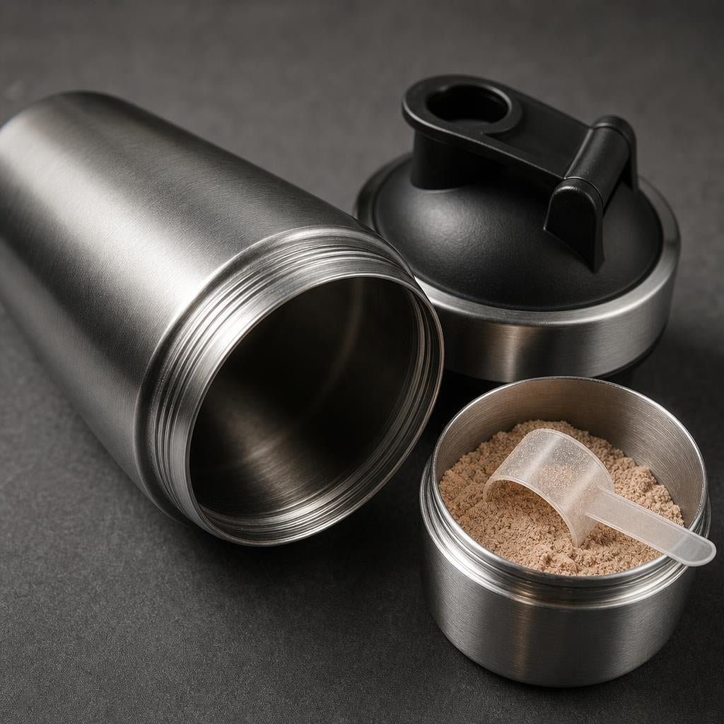 PrimeBuild Stainless Steel Protein Shaker – 20 oz with Storage Cup – detail