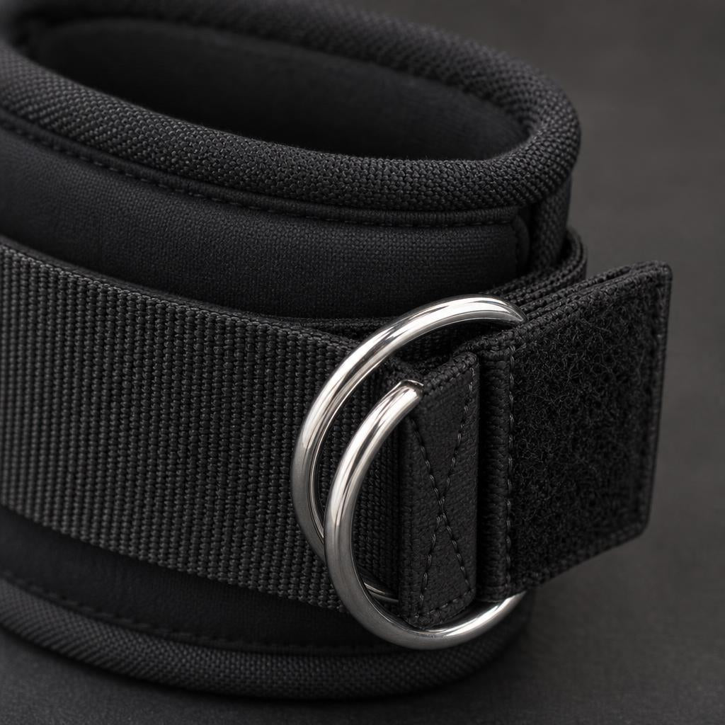 Close-up of the PrimeBuild ankle strap showing the double metal D-rings, stitching and hook-and-loop closure