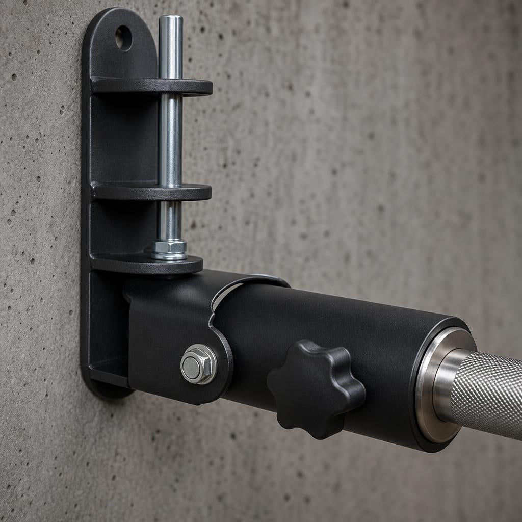 PrimeBuild Wall-Mounted Landmine Attachment close-up on a concrete wall, star knob on the sleeve and a barbell end inserted