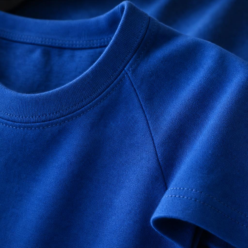 Close-up of the PrimeBuild Essential Training Tee in blue: crew neck collar, raglan seam and stitched sleeve hem