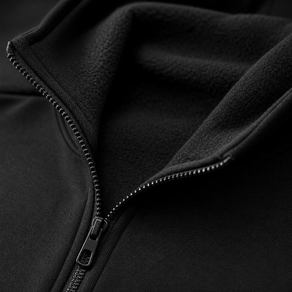 PrimeBuild Men's Quarter Zip Fleece Hoodie close-up of the open quarter-zip collar and soft black fleece lining