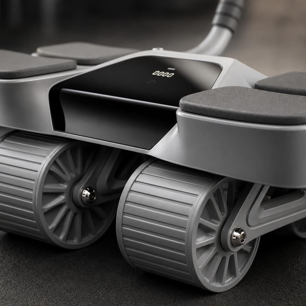 Close-up of the PrimeBuild 4-Wheel Ab Roller showing treaded gray wheels, padded elbow rests and the digital display