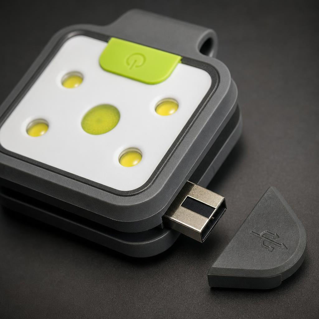 Close-up of the PrimeBuild Clip-On Running Light with the side cap removed to show the built-in USB plug
