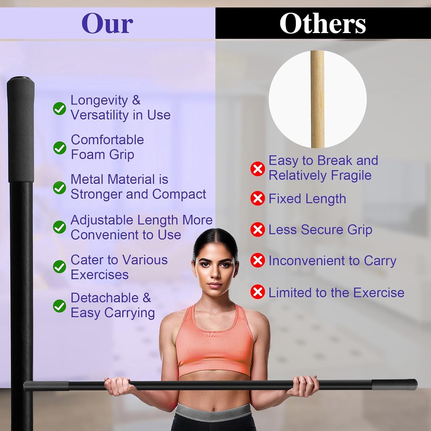 5Ft Yoga Stick - Heavy-Duty Steel Adjustable Mobility Stick for Exercise, Stretching, Balance - Versatile Exercise Stick with Resistance Bands for Fitness, Rehabilitation and Warm Up